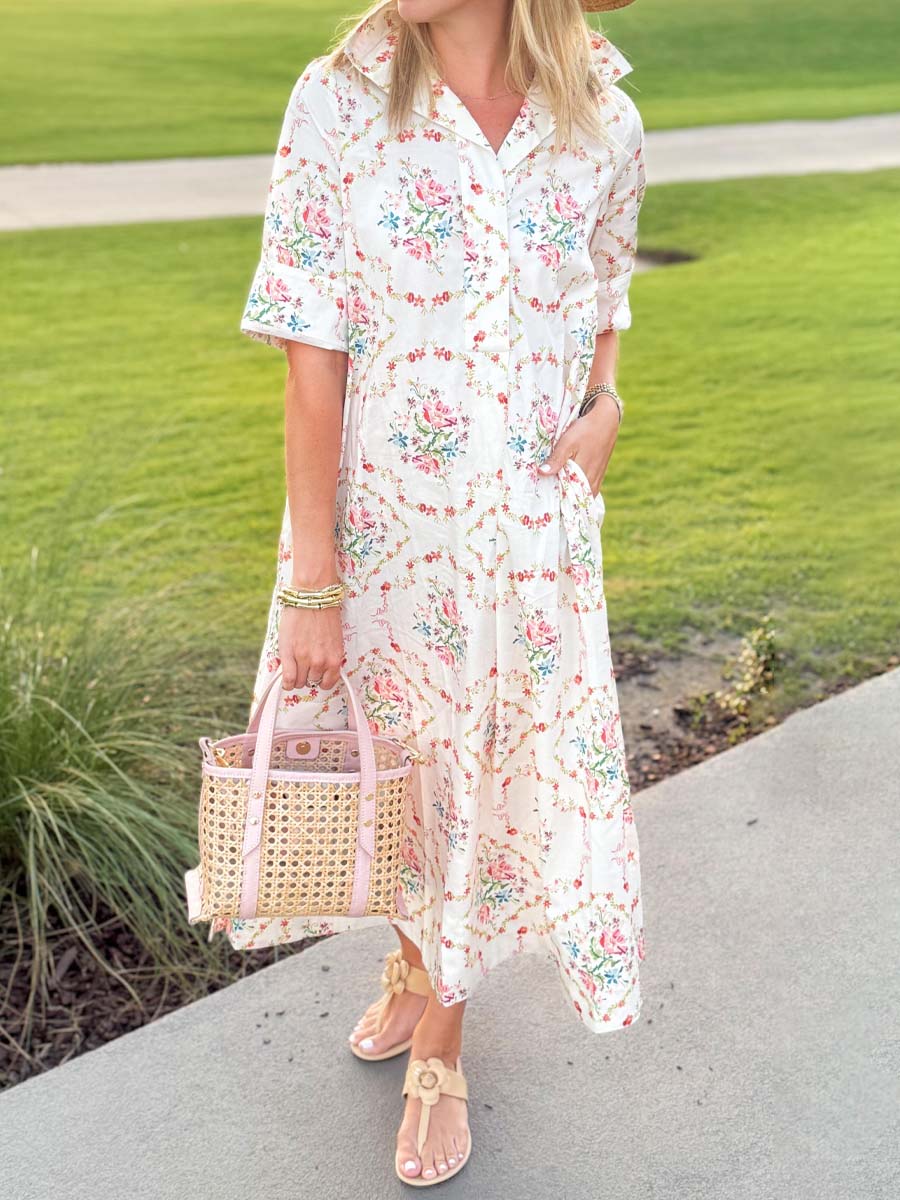 Button-front Placket Printed Dress