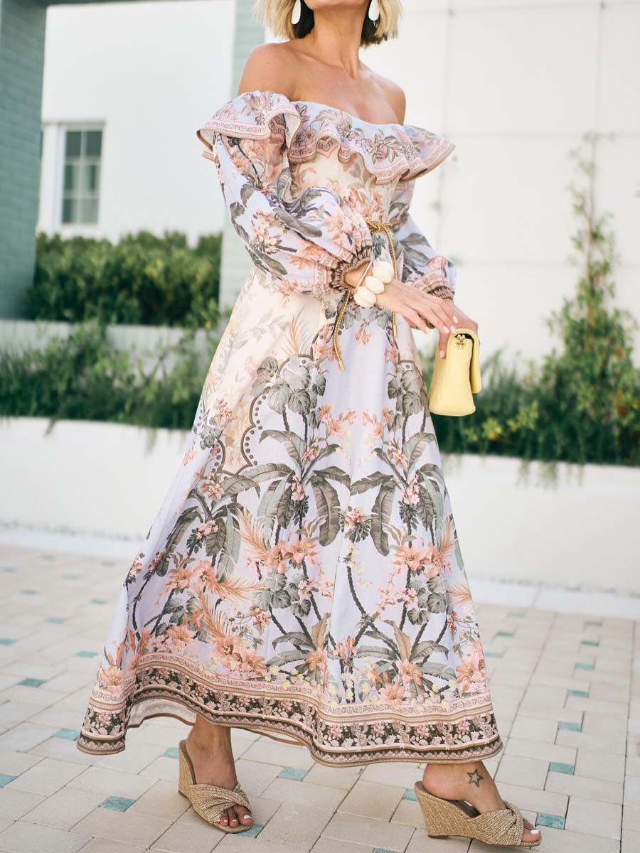 Printed Sexy Off Shoulder Lantern Sleeve Dress