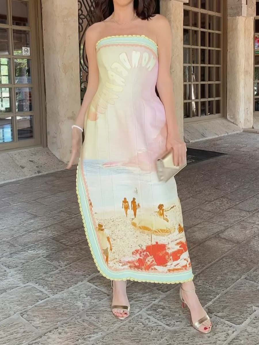 Strapless Printed Side Split Dress