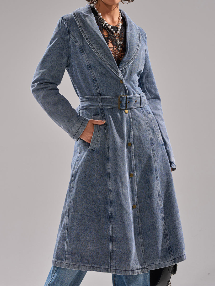 Wide Faux Fur Collar Denim Trench