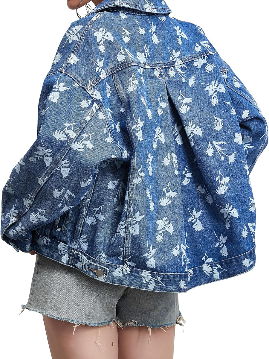 Printed Oversized Button Down Denim Jacket