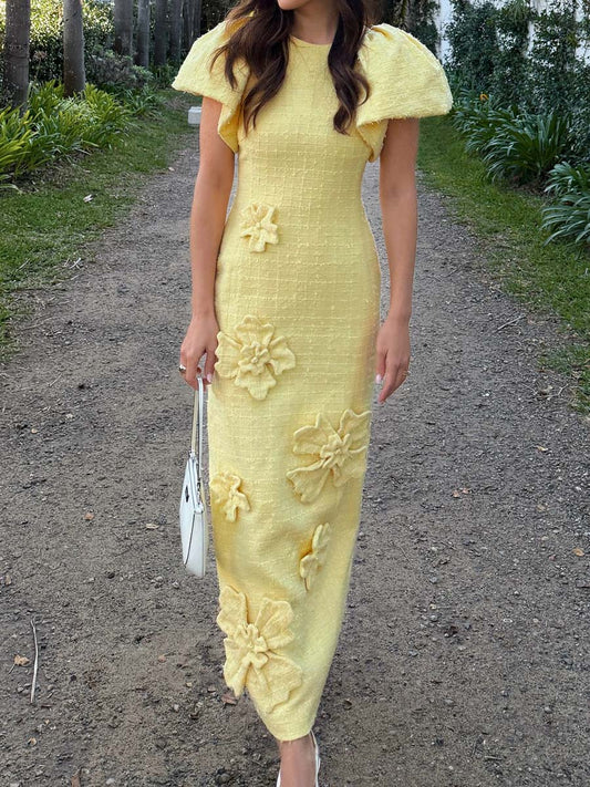 3D Flower Puff Sleeve Maxi Dress