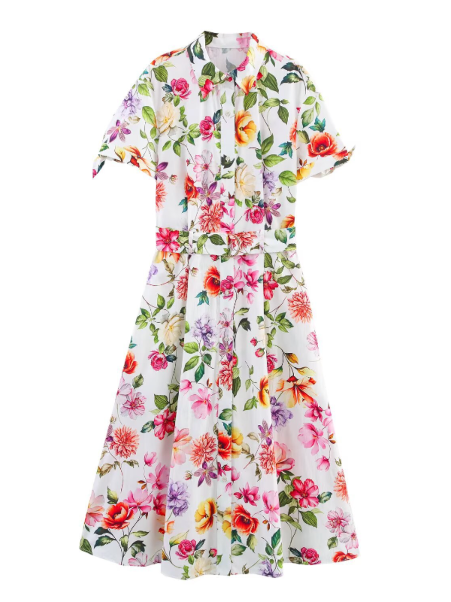 Floral Print Short Sleeve Belted Dress