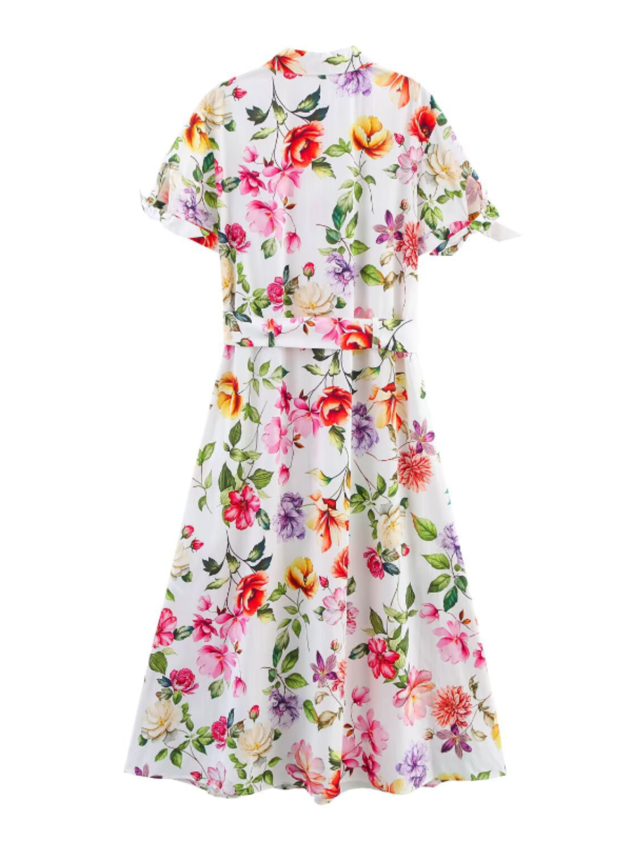 Floral Print Short Sleeve Belted Dress