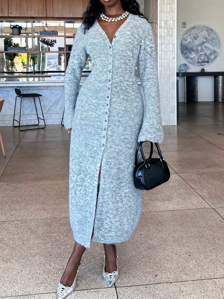 V-Neck Knit Buttoned Dress