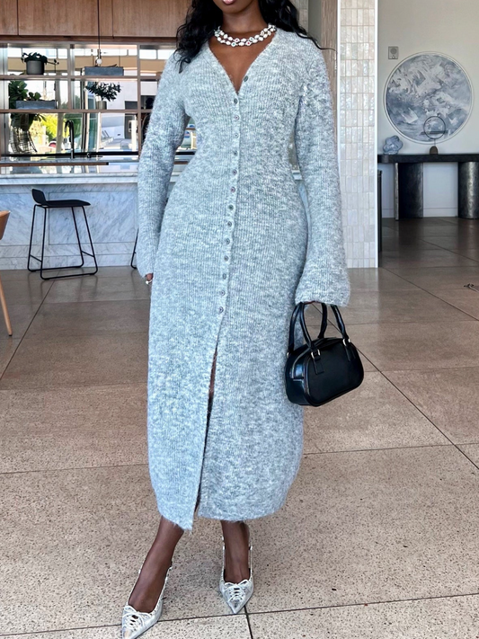 V-Neck Knit Buttoned Dress