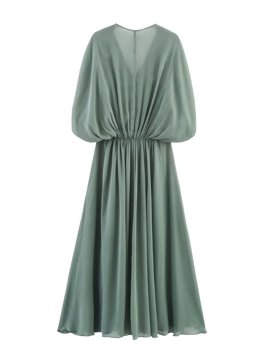 Fashion V-neck Bubble Sleeve Pleated Dress