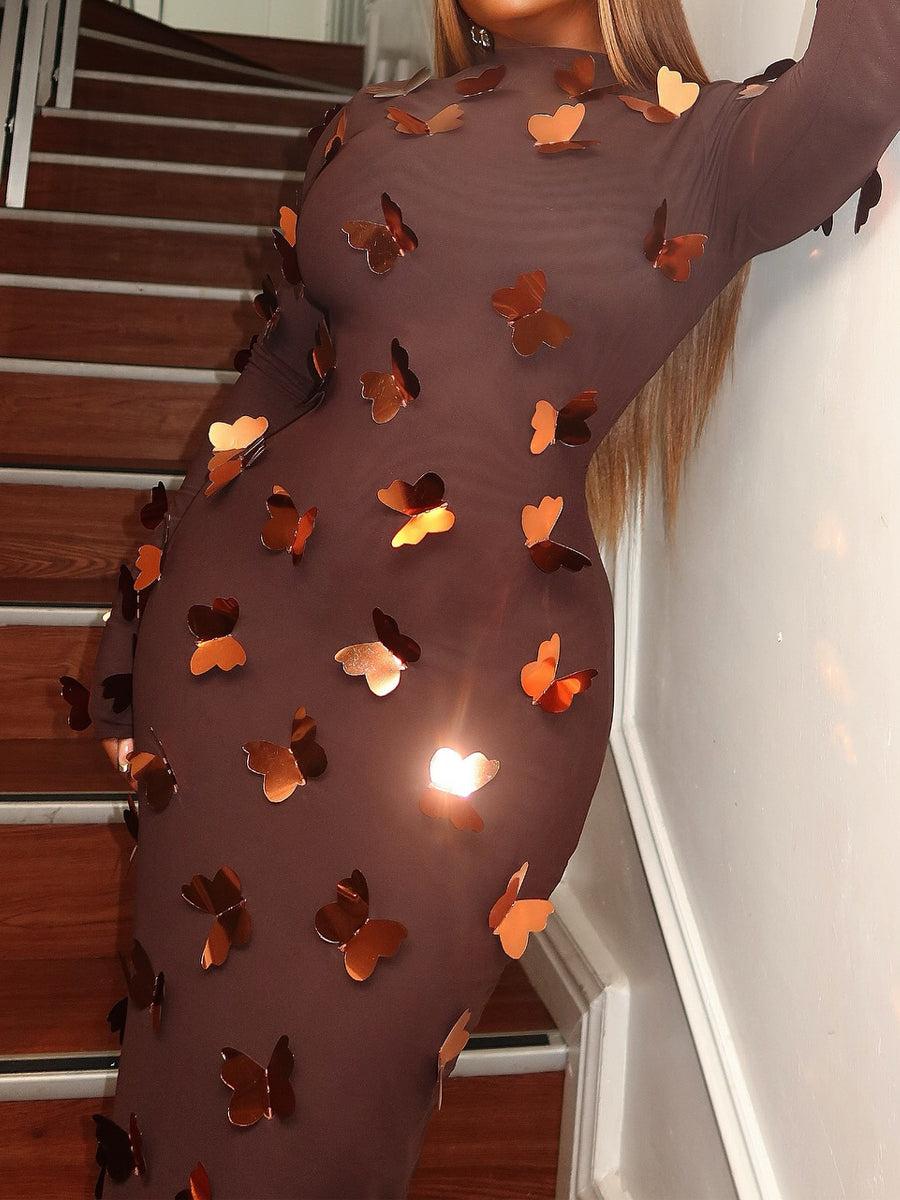 Butterfly Embellished Mesh Dress