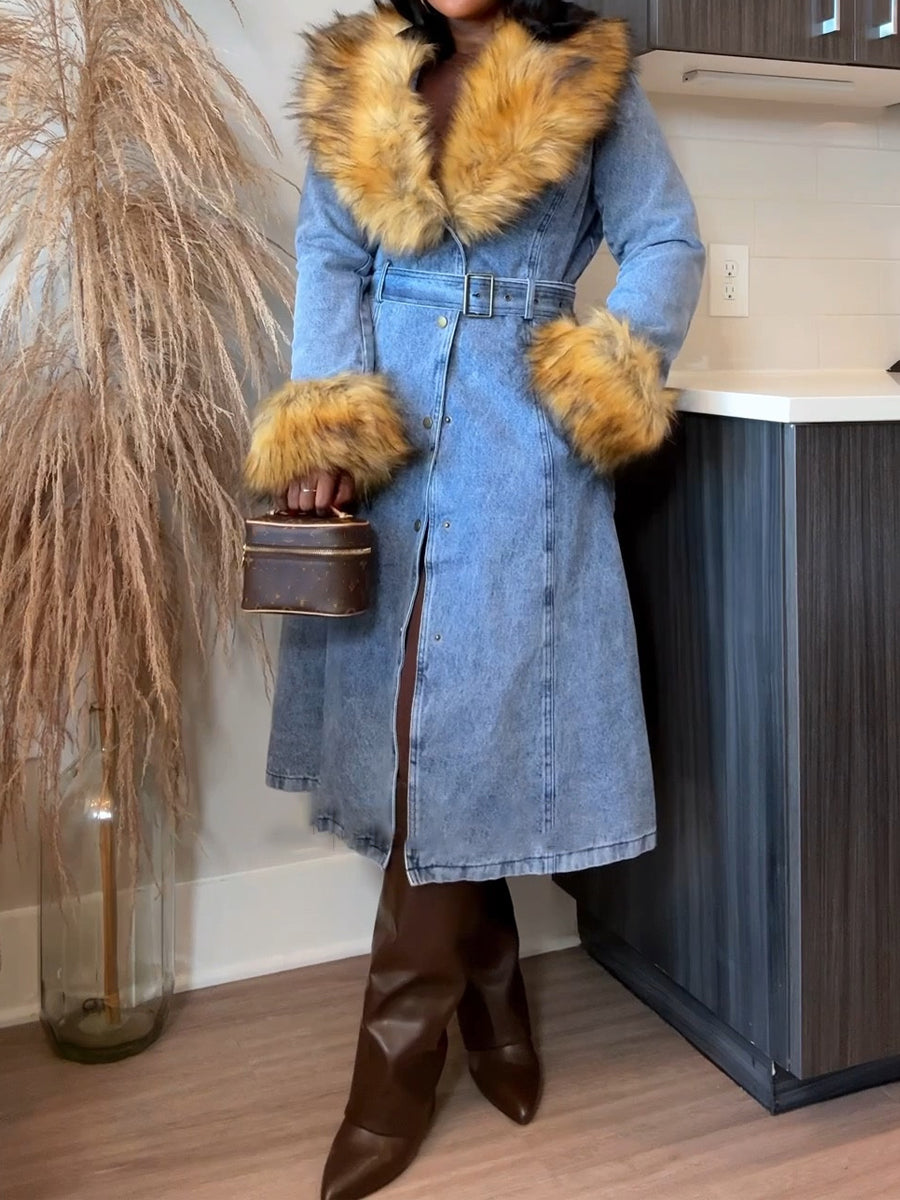 Wide Faux Fur Collar Denim Trench