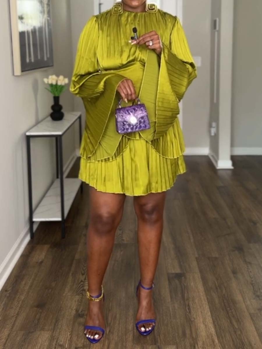 Elegant Long Sleeve Pleated Mini Dress
