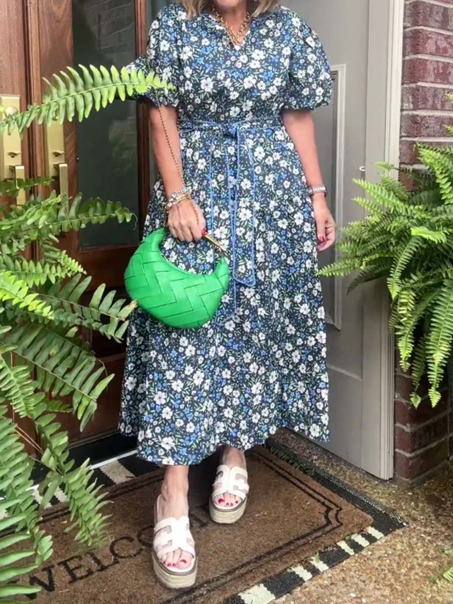 Floral Print Band Collar Belted Dress