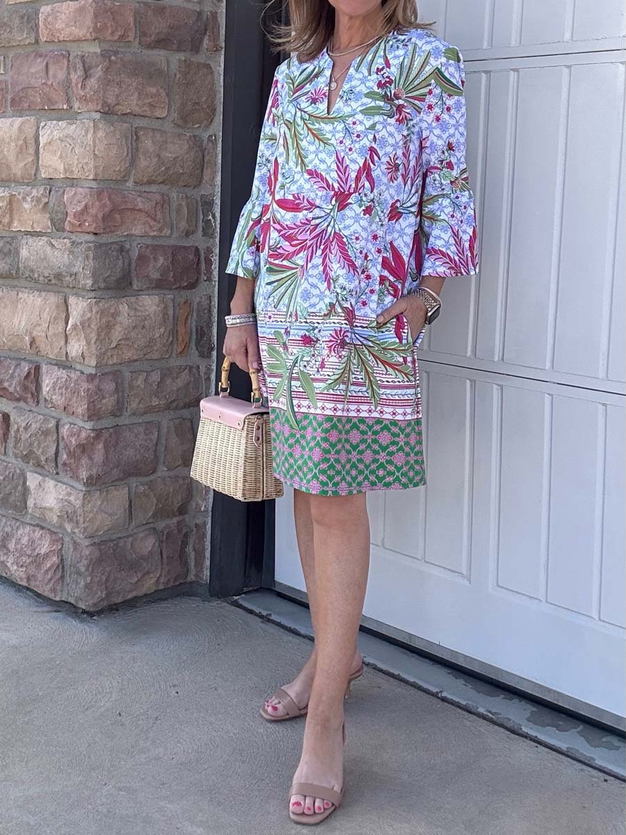 Split Neck Printed Flutter Sleeve Dress