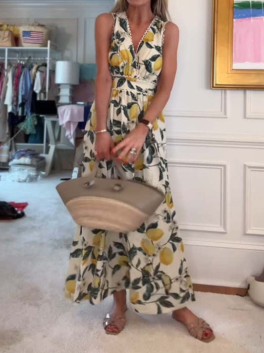 Printed V Neck Sleeveless Elastic Waist Dress