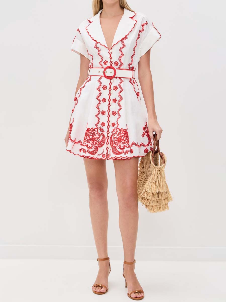 Embroidered Short Sleeve Mini Dress