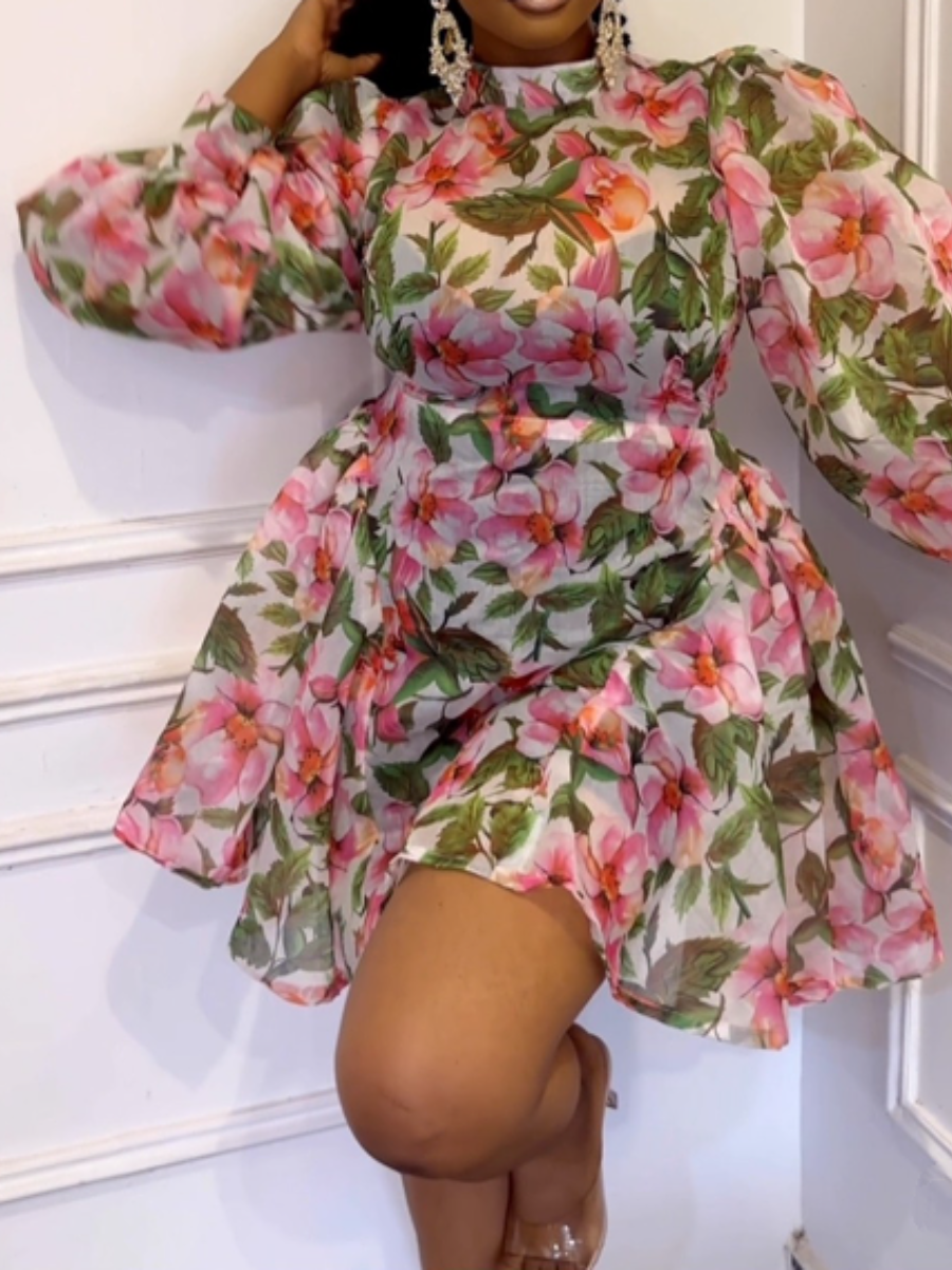 Demure Pink Floral Chiffon Dress
