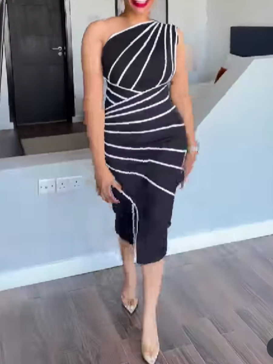 Slant Shoulder Stripe Mini Dress