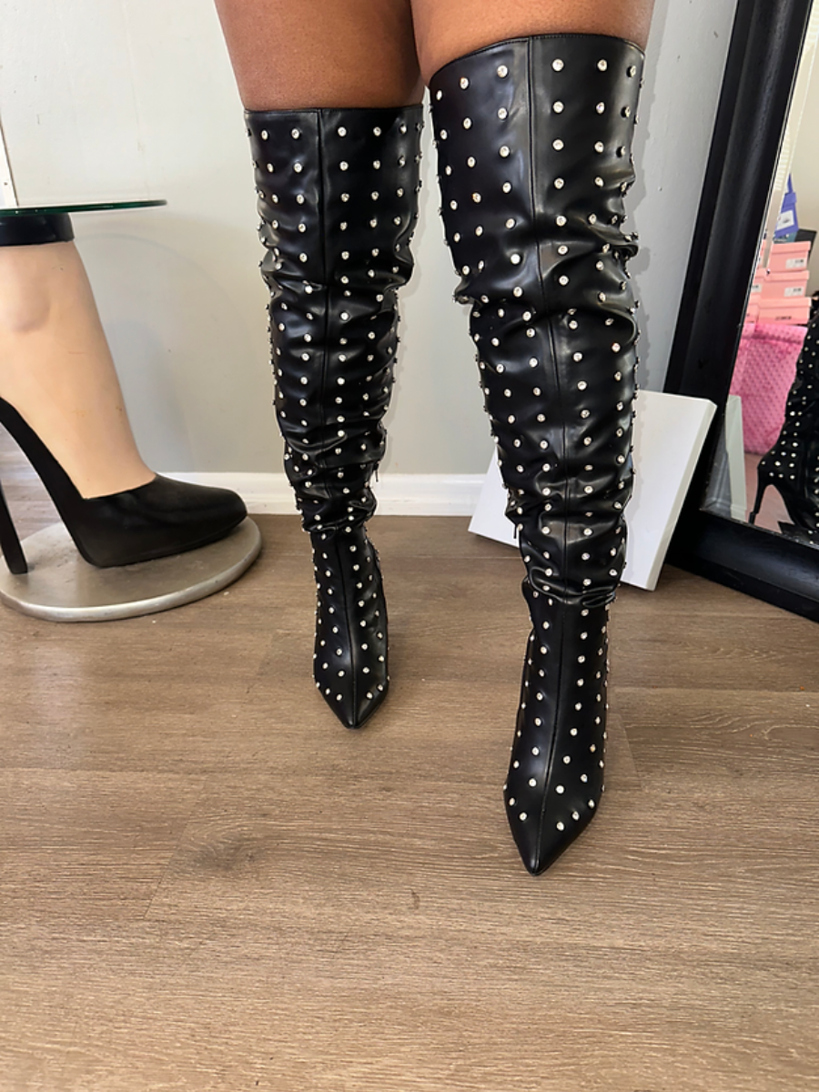 White Polo Dot Over-the-Knee Pumps