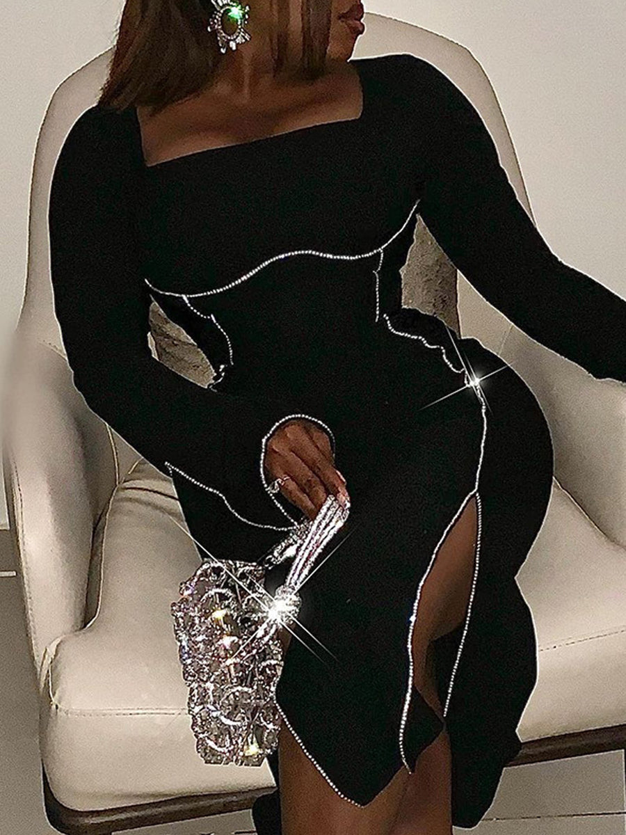 Knitted Long Sleeve Sexy Split Hot Drilling Dress