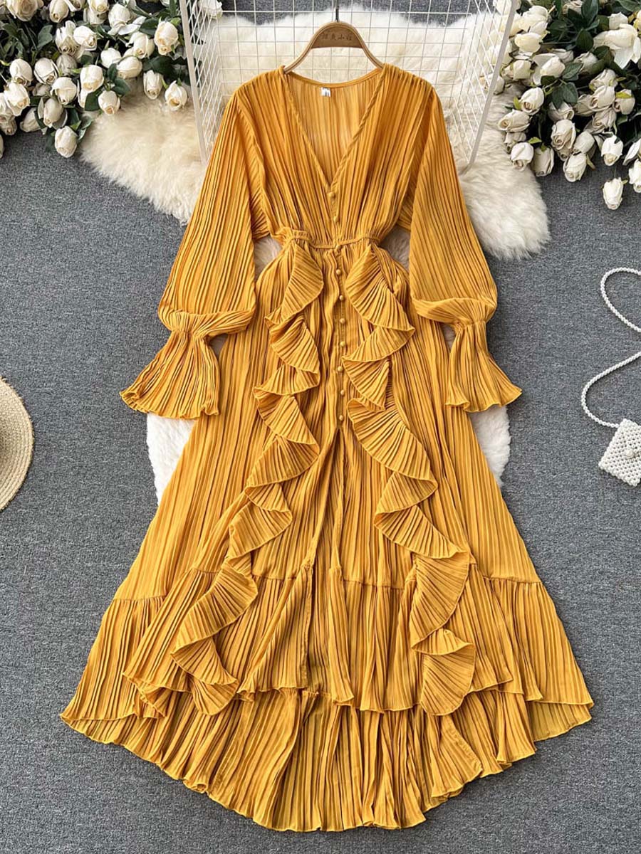 Chiffon Ruffled V-Neck Dress