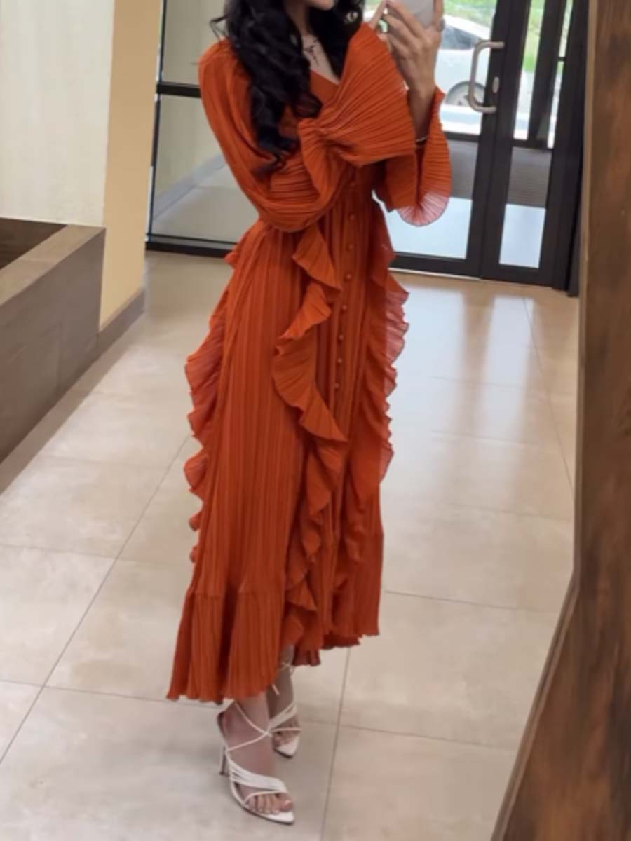 Chiffon Ruffled V-Neck Dress