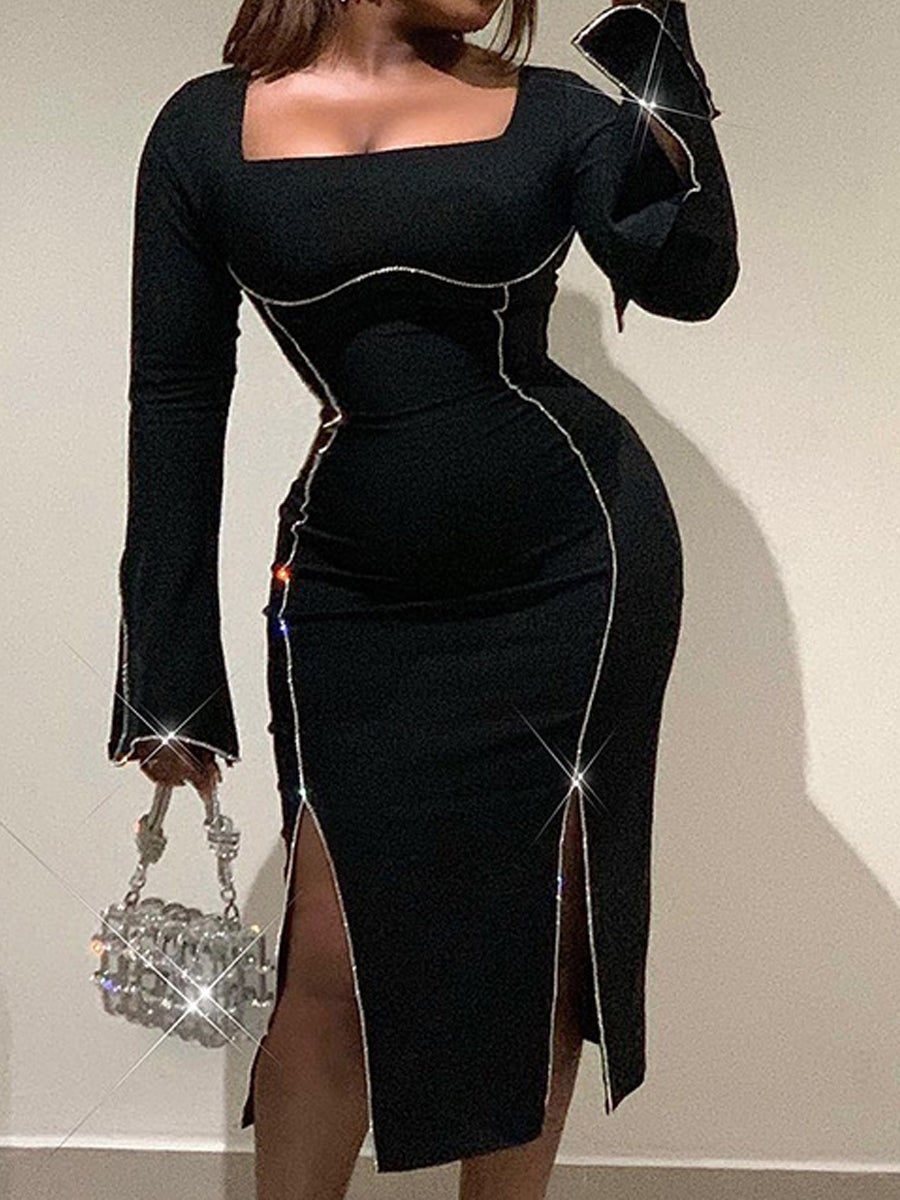 Knitted Long Sleeve Sexy Split Hot Drilling Dress