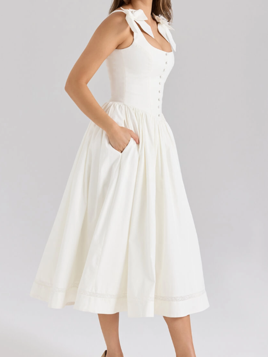 Chic Stretch Cotton Midi Dress With Bows