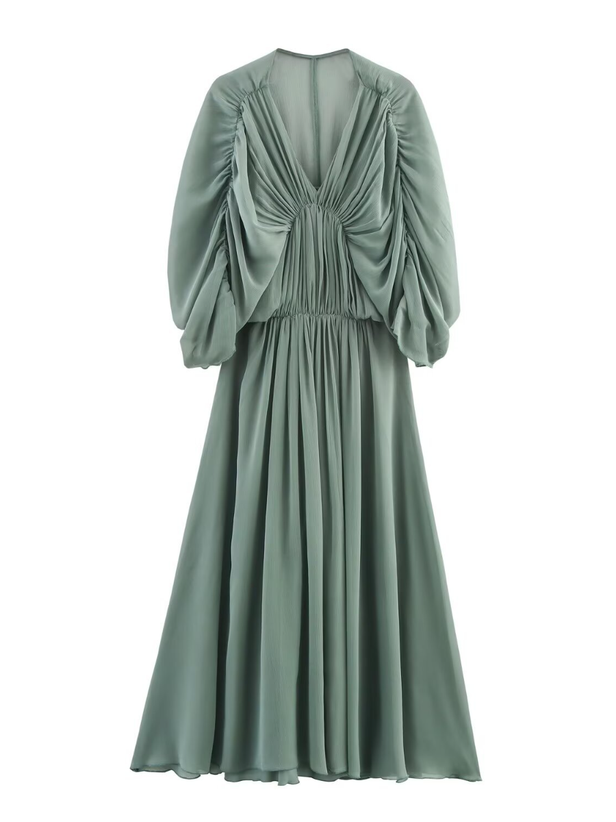 Fashion V-neck Bubble Sleeve Pleated Dress