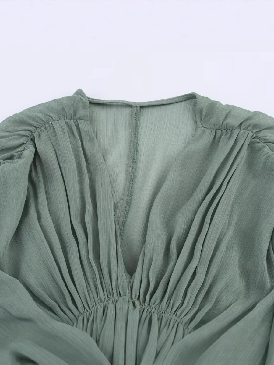 Fashion V-neck Bubble Sleeve Pleated Dress