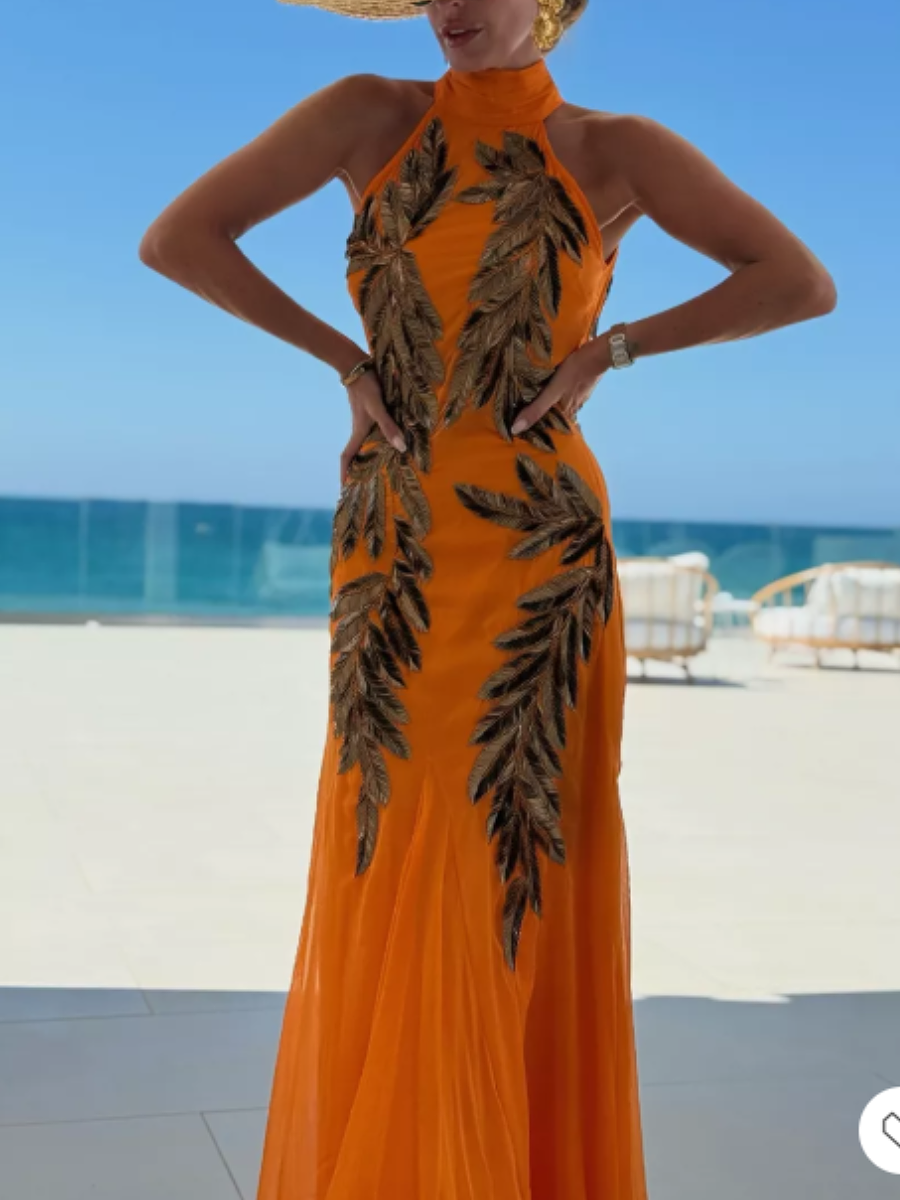 Hanging Neck Feather Sequined Dress