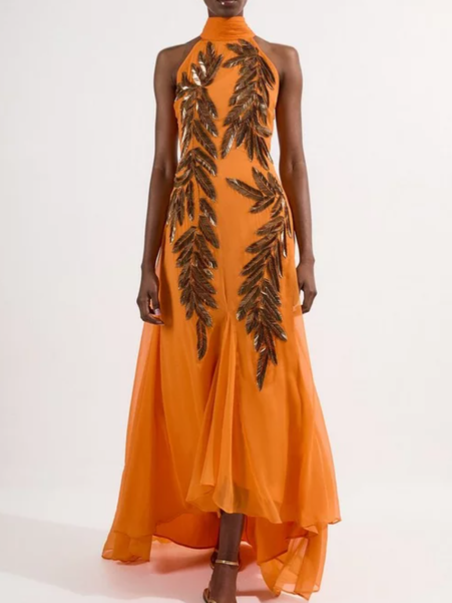 Hanging Neck Feather Sequined Dress