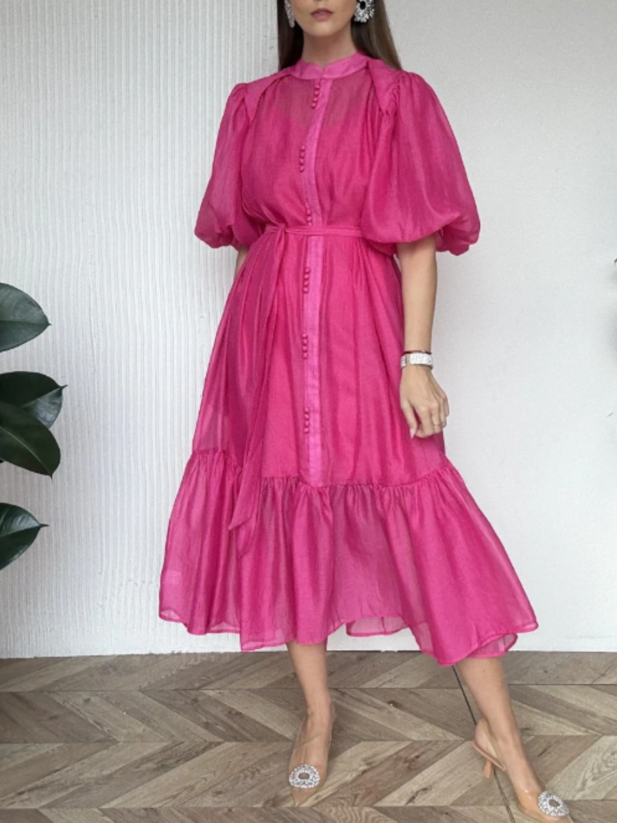 Lantern Sleeve Strap Tight Waist Single-breasted Dress