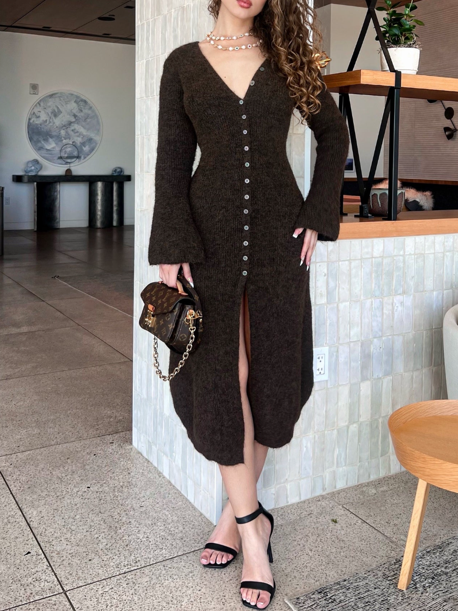 V-Neck Knit Buttoned Dress