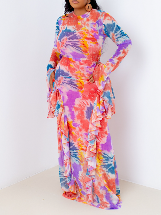 Printed Mesh Maxi Dress