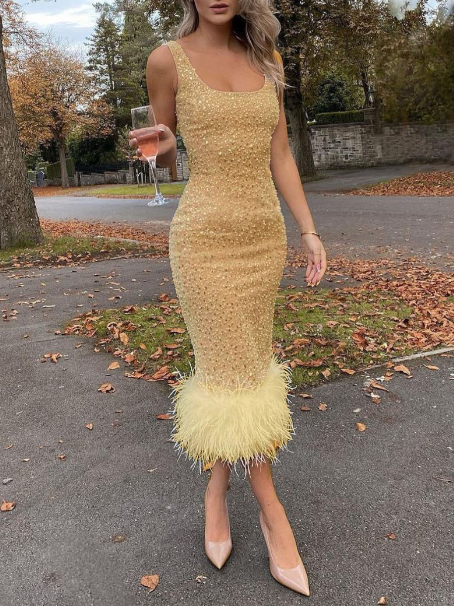 Scoop Neck Feather Stitching Sequin Hip Sexy Dress