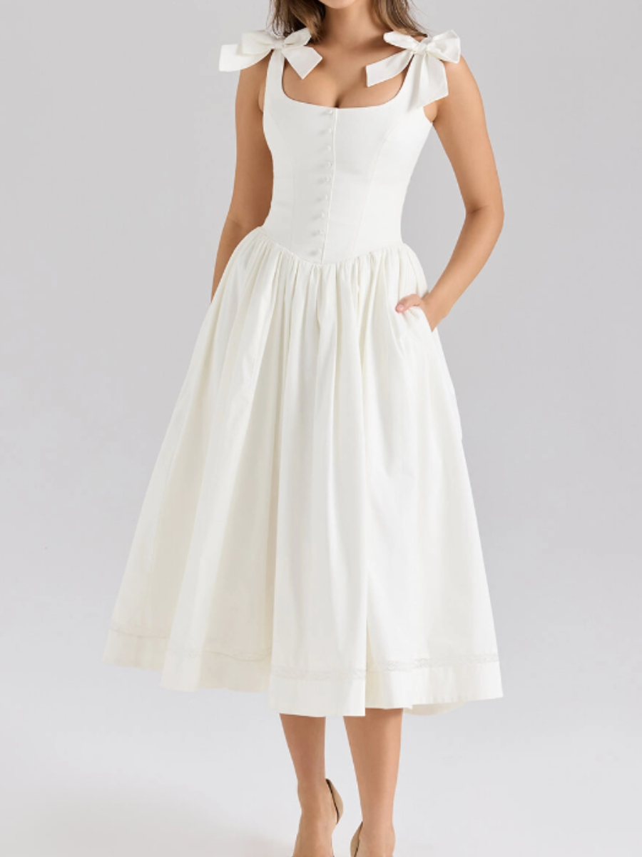 Chic Stretch Cotton Midi Dress With Bows