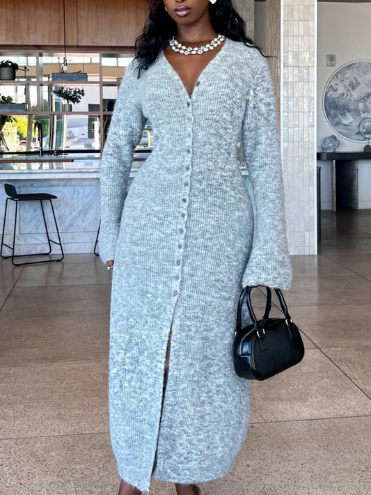 Long Gray Knit Button-Up Sweater